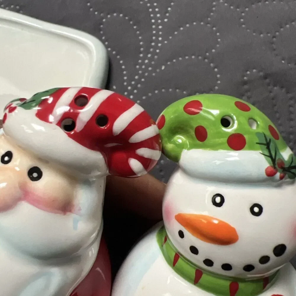 Pier 1 Imports Salt and Pepper Shakers Snowman Santa NIB Christmas Whimsy Decor